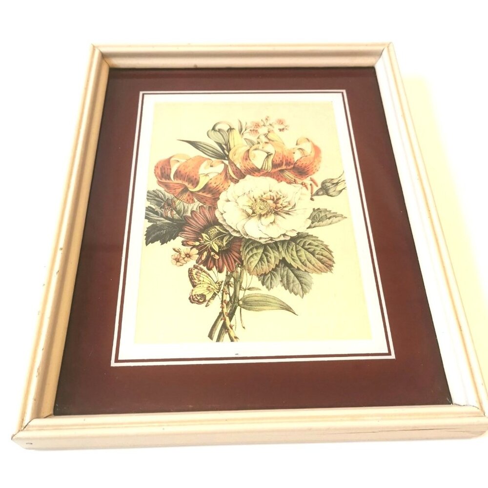 Vintage Botanical Floral Print Tiger Lily White Rose Butterfly Wood Frame 1950s